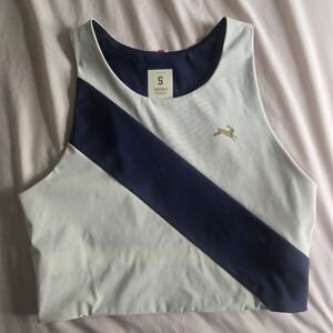 Tracksmith White and Navy Tank with Gold Logo